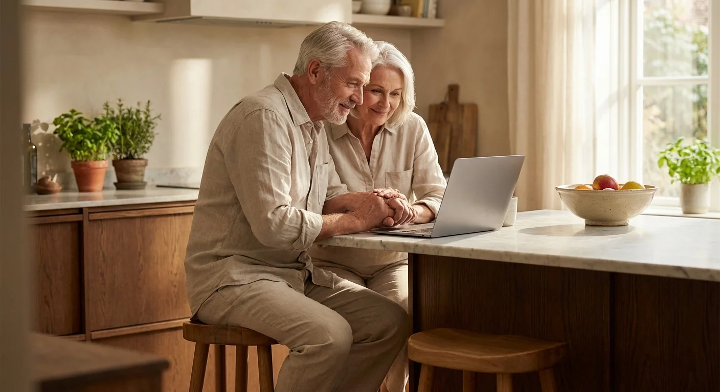 An older couple looking at a laptop together in a bright kitchen, showing mutual support and resilience.