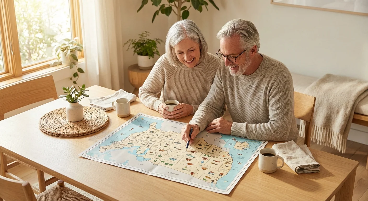 An older couple smiling while reviewing a map of the United States in a bright, modern kitchen.