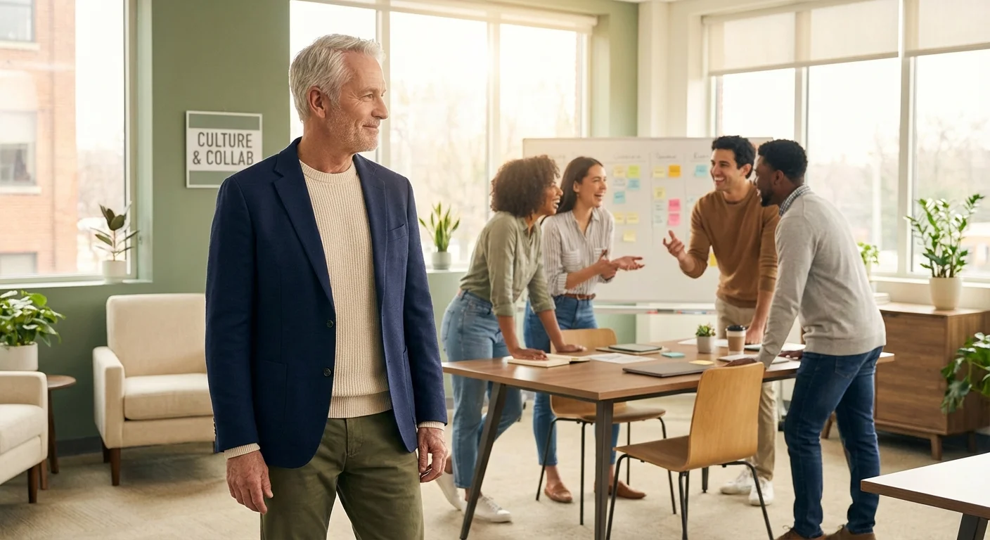 An older job candidate observing a friendly, collaborative office environment during a company tour.