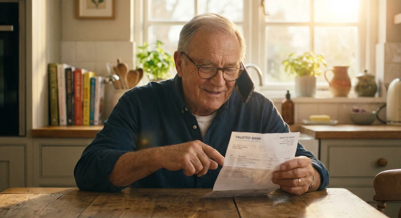An older man calmly discussing a credit card charge on the phone in a bright kitchen.