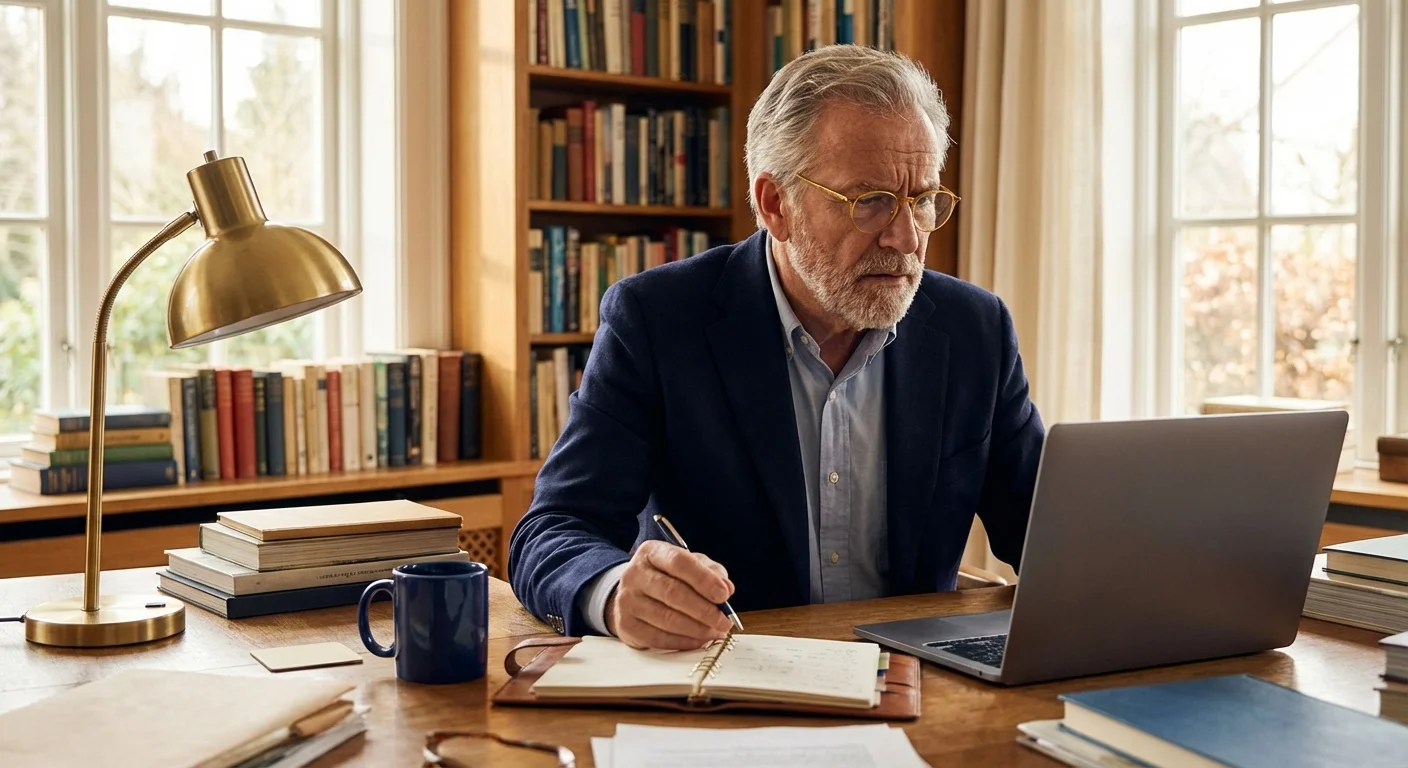 An older man focused on financial planning in his home office during the day.