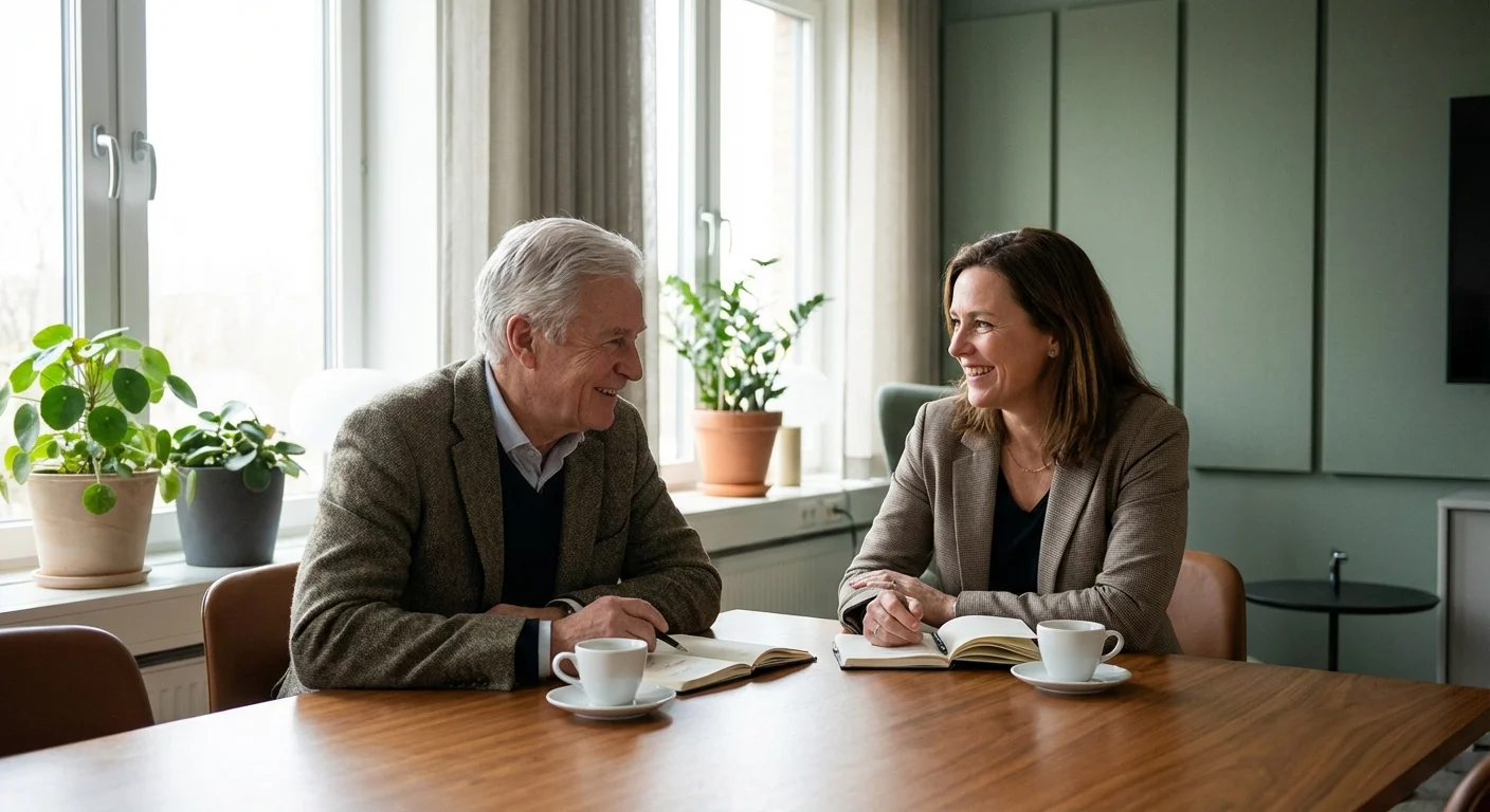An older man having a constructive conversation with a colleague in a bright office.
