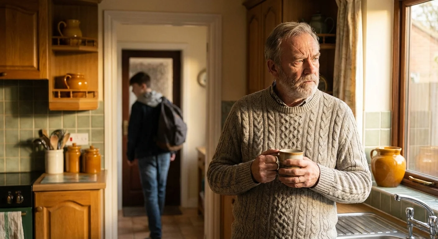 An older man looking thoughtful in a kitchen while a teenager walks away in the background.