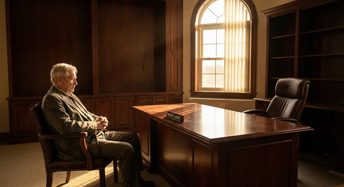 An older man sitting alone in a manager's office waiting for a meeting.