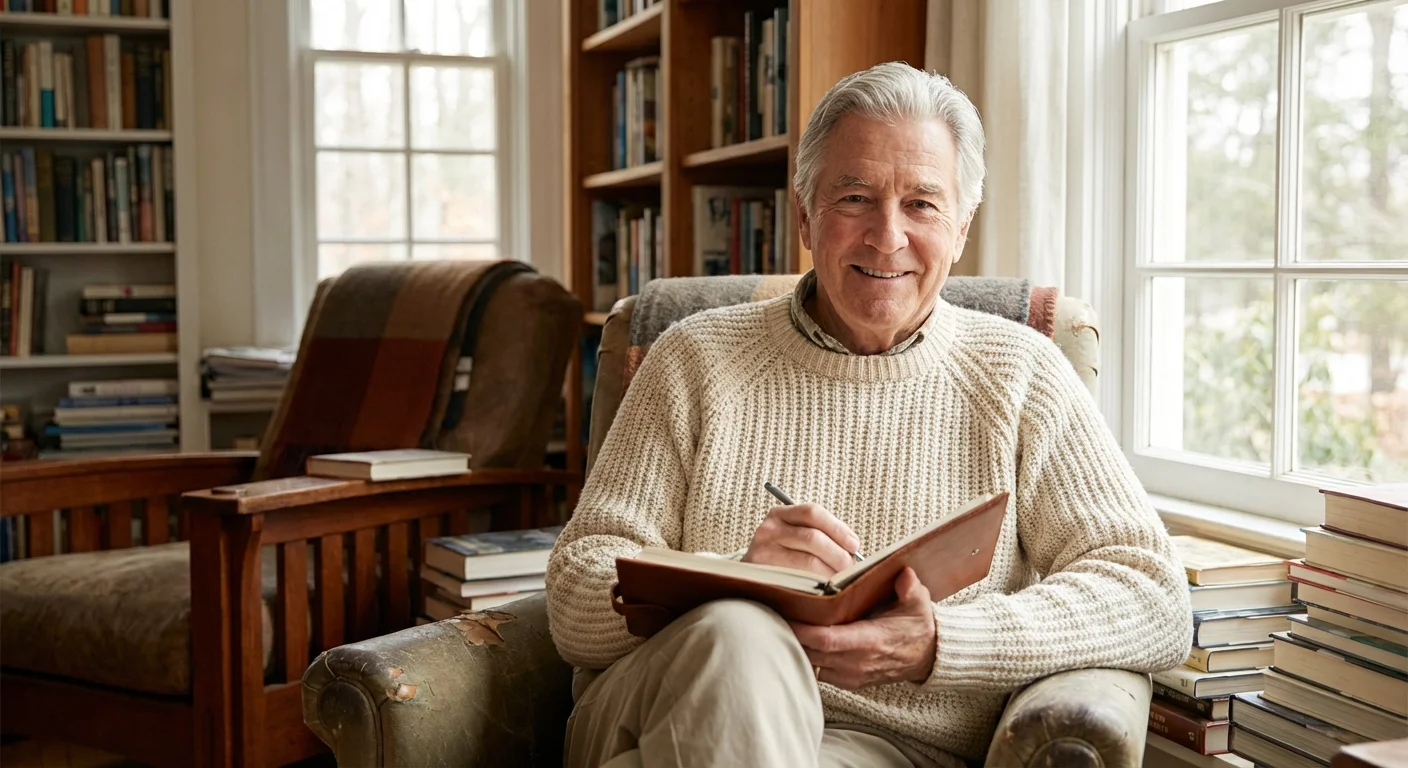 An older man smiling while holding a notebook and pen in a comfortable living room filled with books.