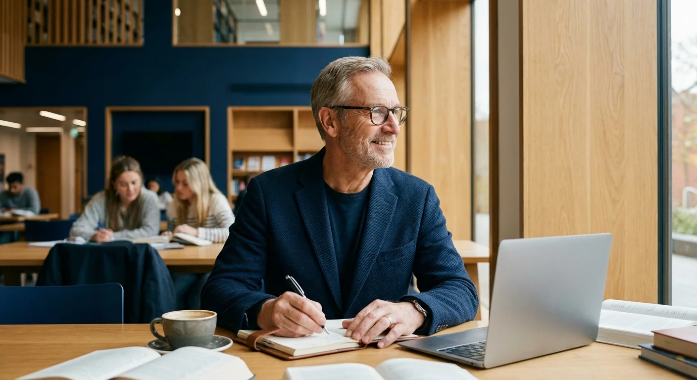 An older man studying with a notebook and laptop in a modern library.
