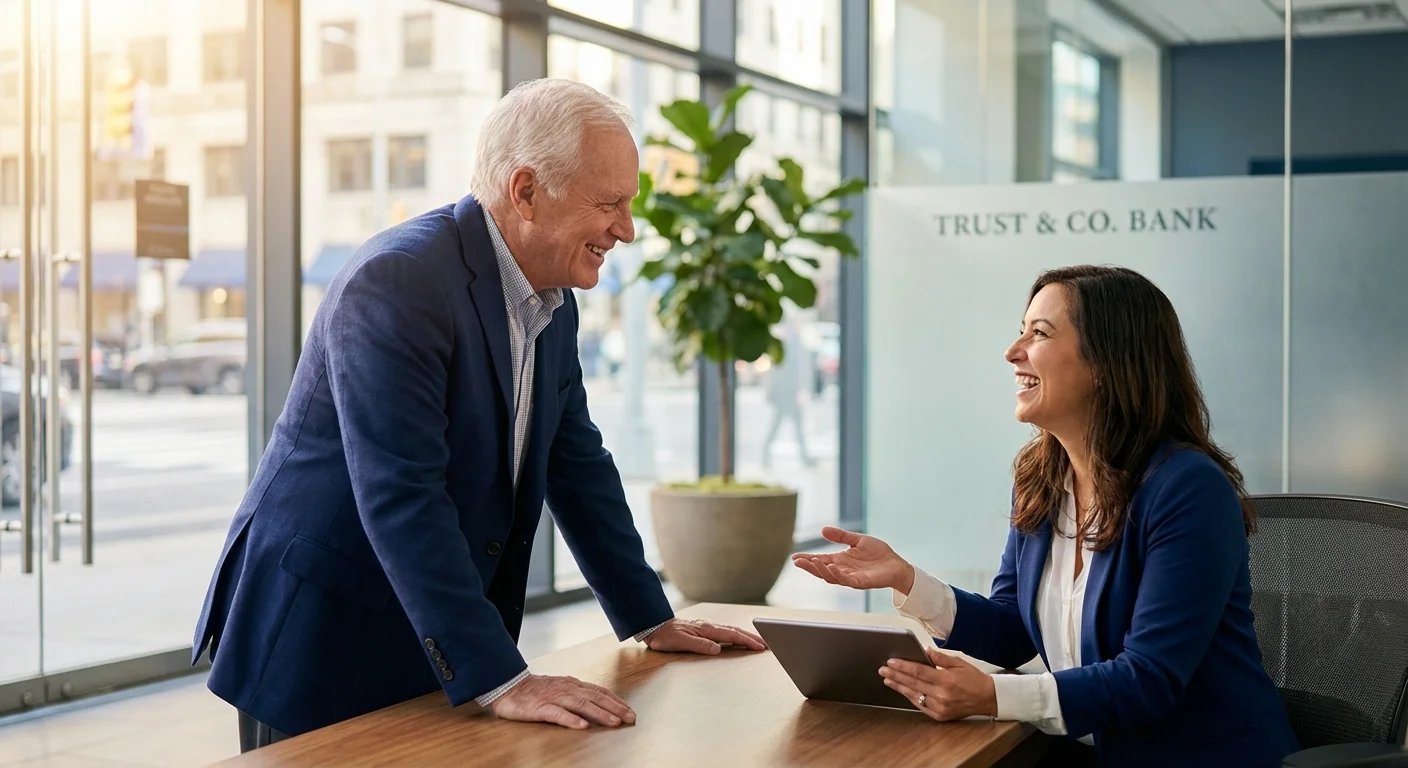 An older man talking to a financial advisor in a sunlit, professional office setting.