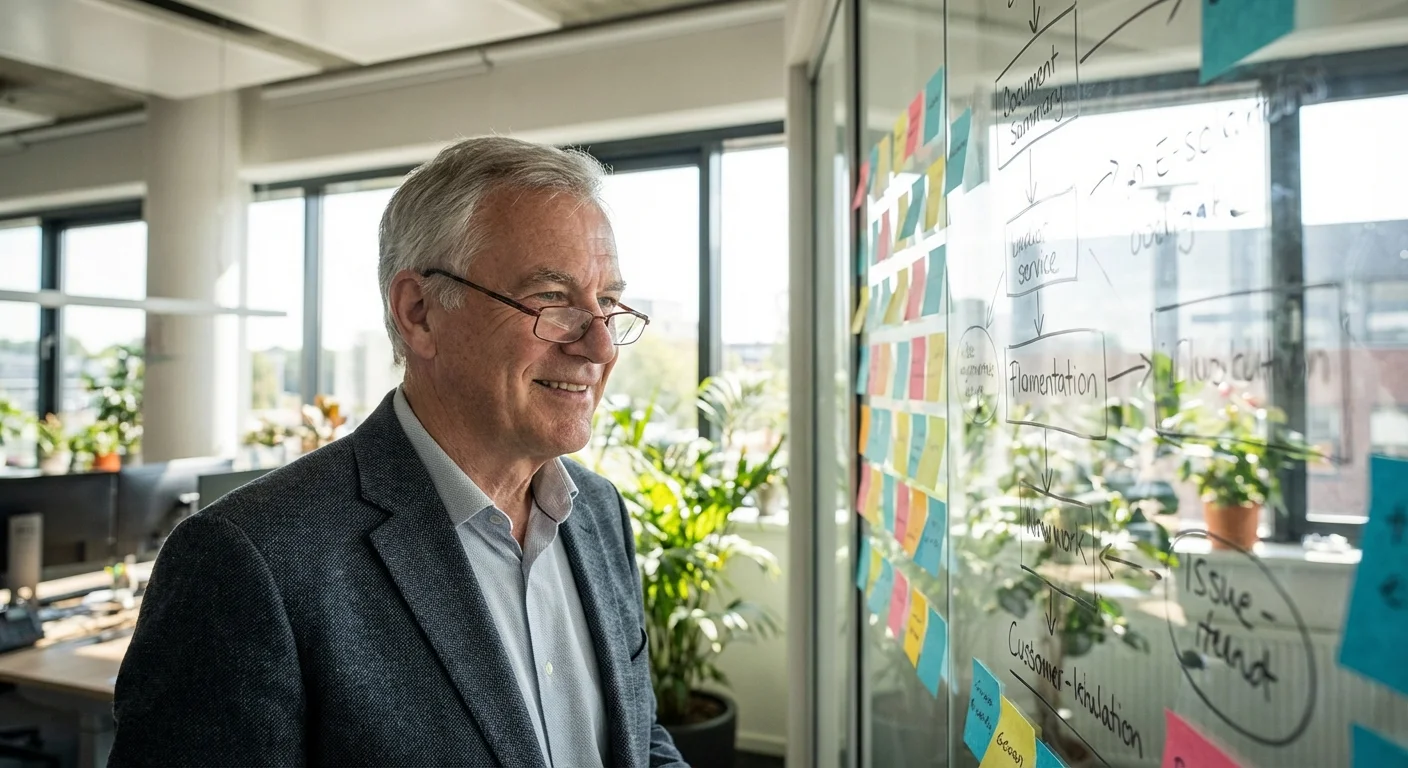 An older professional planning future strategies on a glass wall.