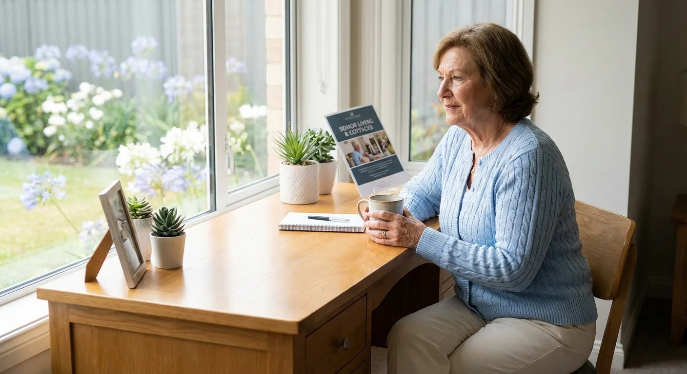 An older woman at a desk looking at housing information with a sense of hope.
