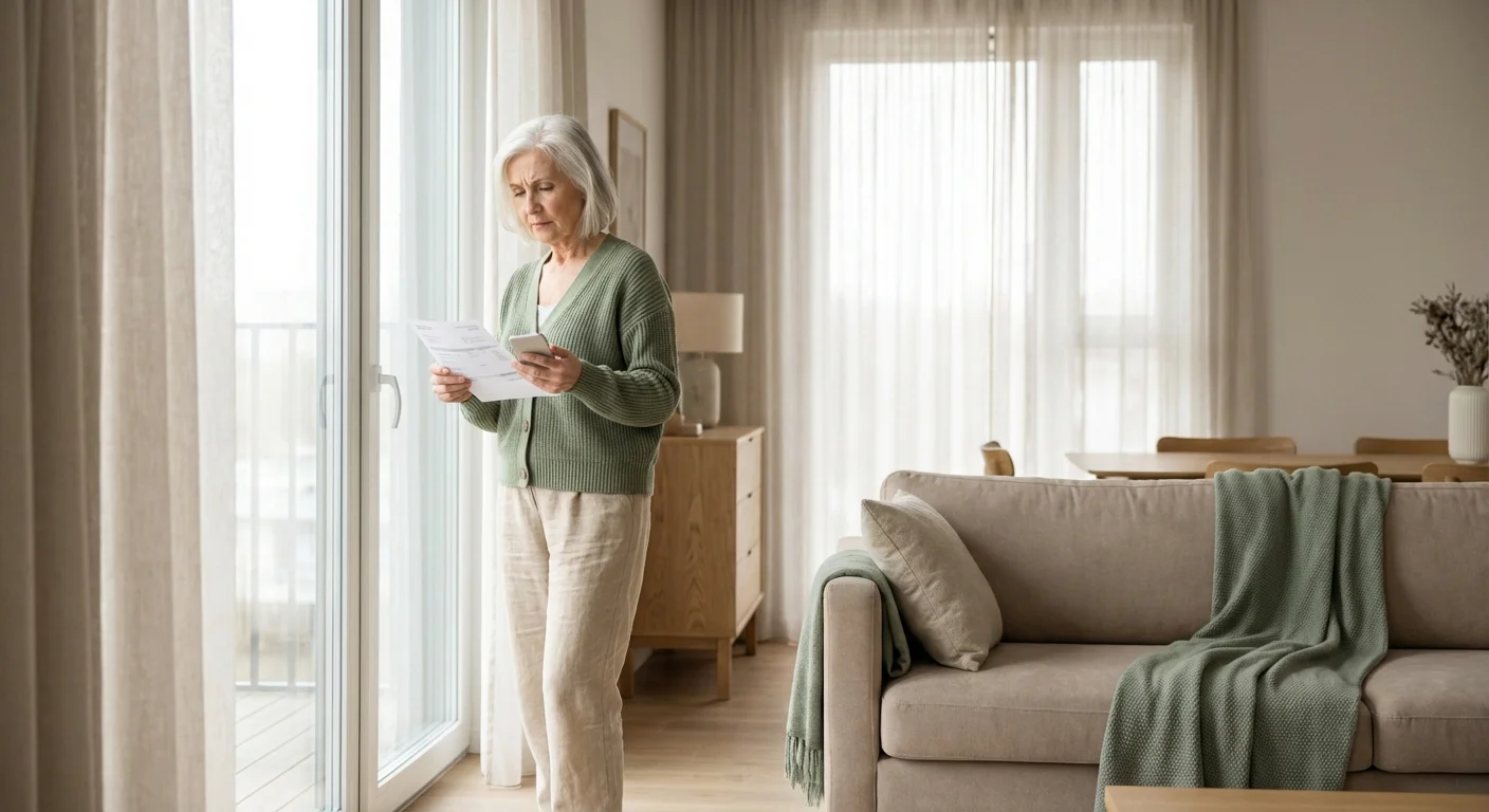 An older woman looking thoughtfully at a medical document near a window.