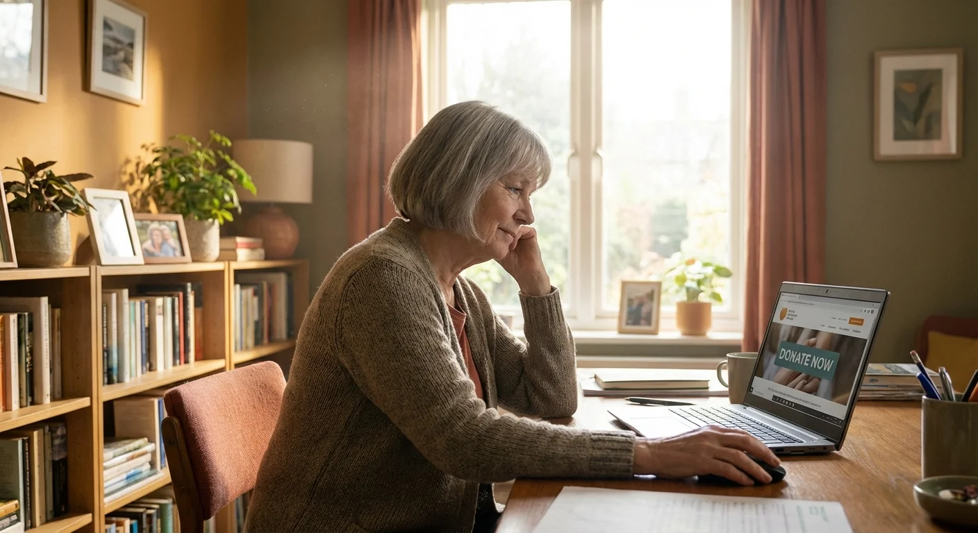 An older woman making an intentional charitable donation online from her bright home office.