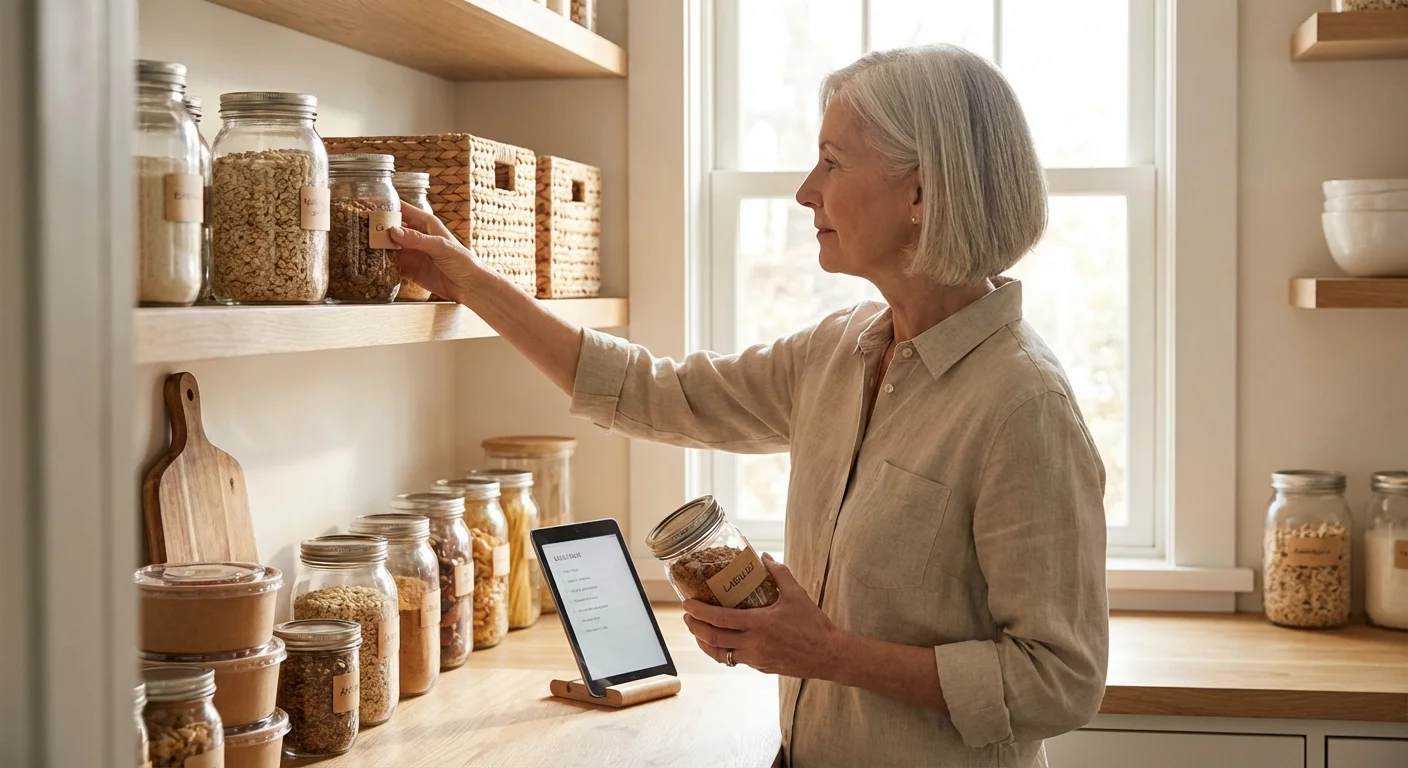 An older woman organizing her kitchen pantry with glass containers in a sun-drenched home.