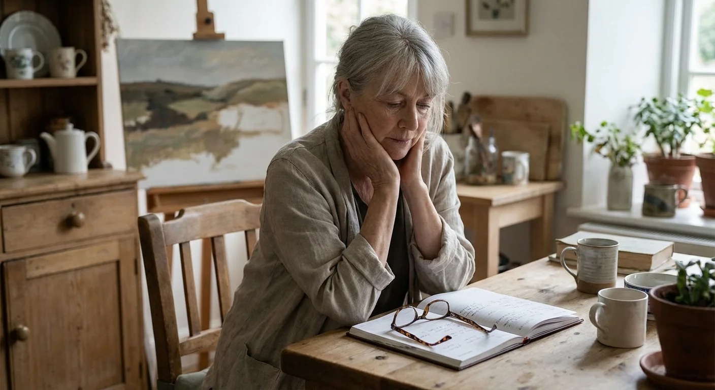 An older woman reflecting on her schedule at a kitchen counter with a hobby in the background.