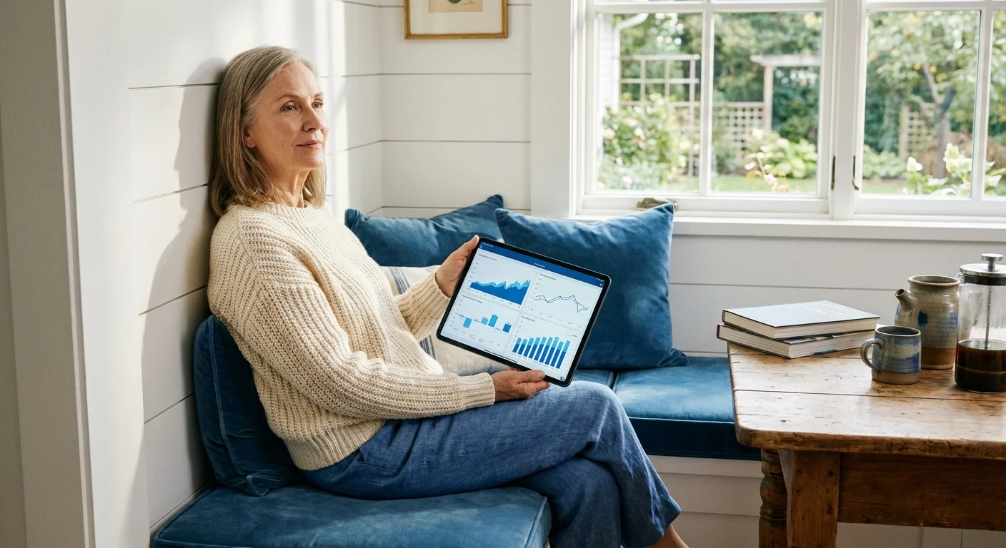 An older woman reviews financial charts on a tablet.