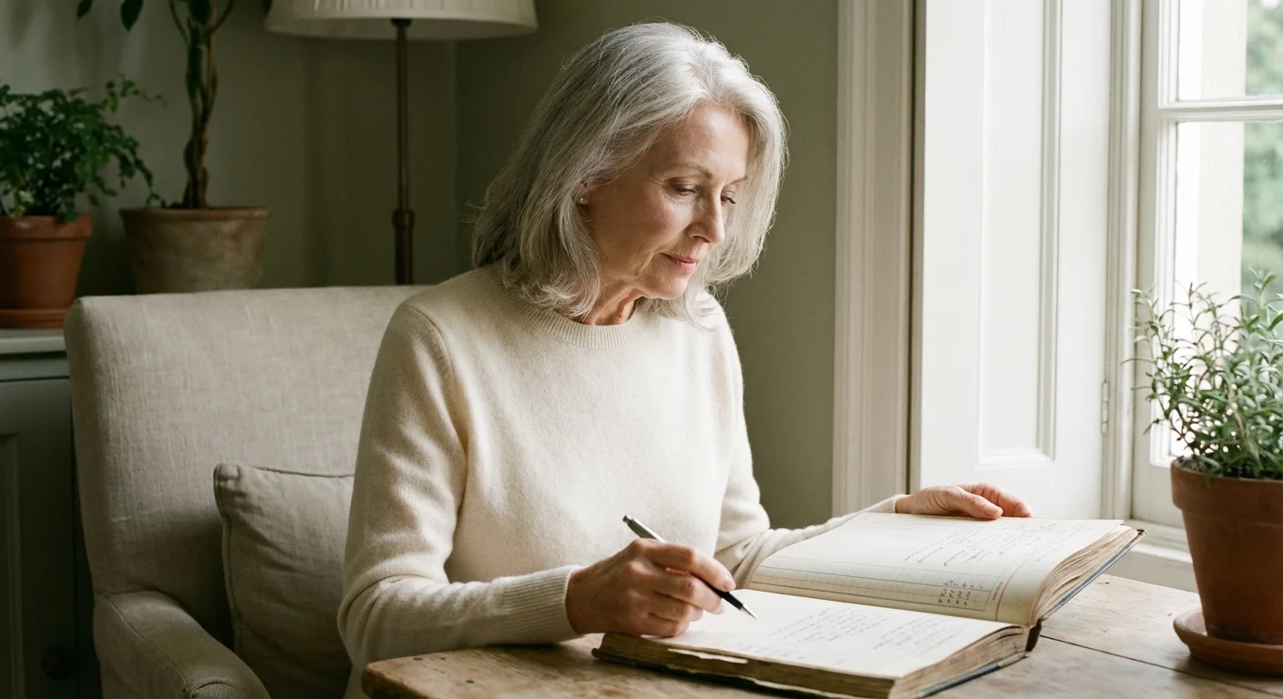 An older woman thoughtfully reviewing her financial records by a window.