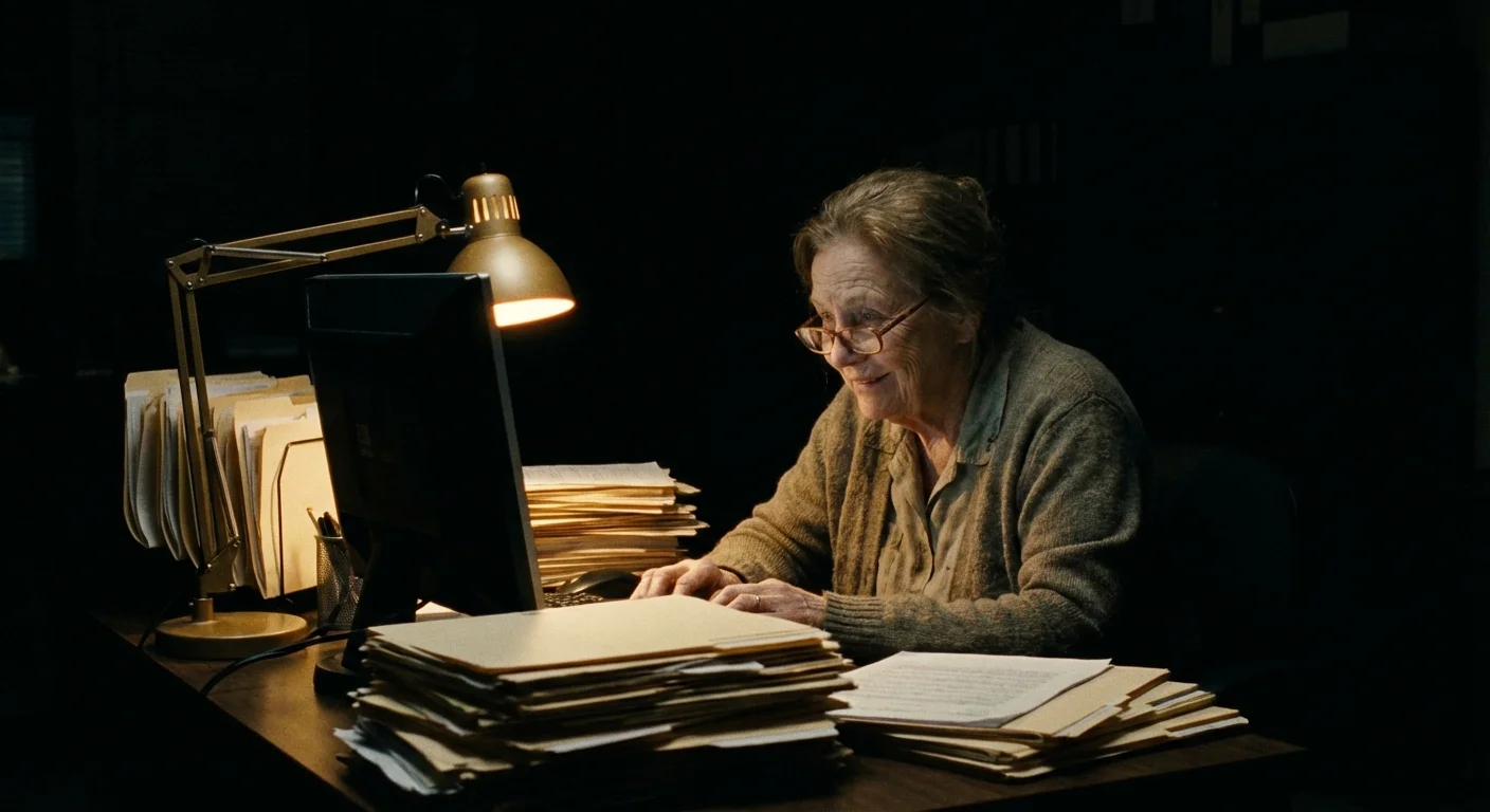 An older woman working late at a desk piled with endless paperwork.