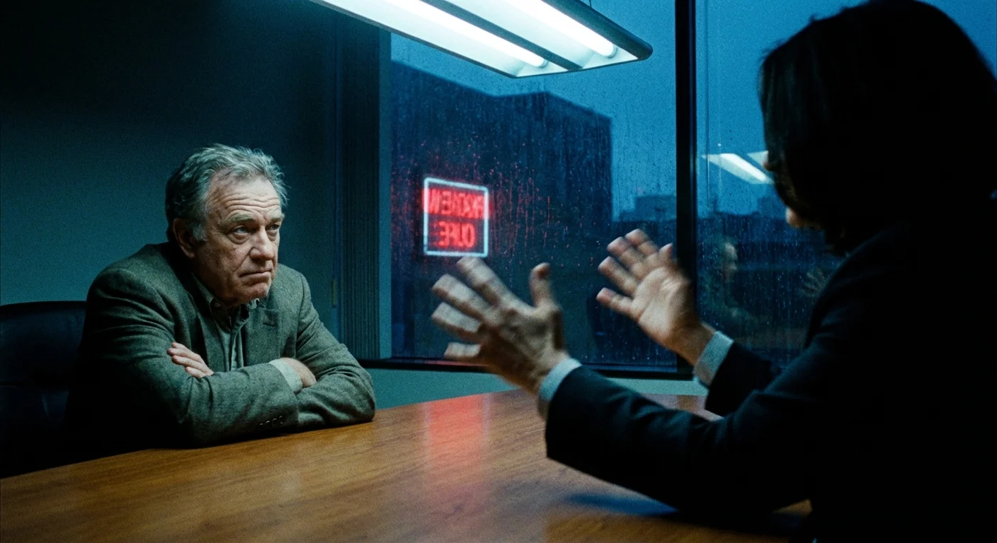 An older worker looking doubtful while a manager speaks in a shadowed office.