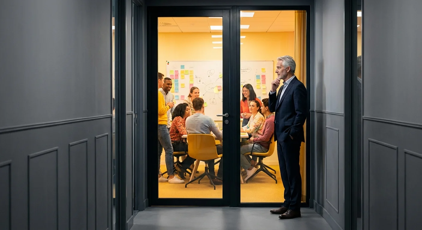 An older worker looking through a glass door at a bright meeting they aren't in.