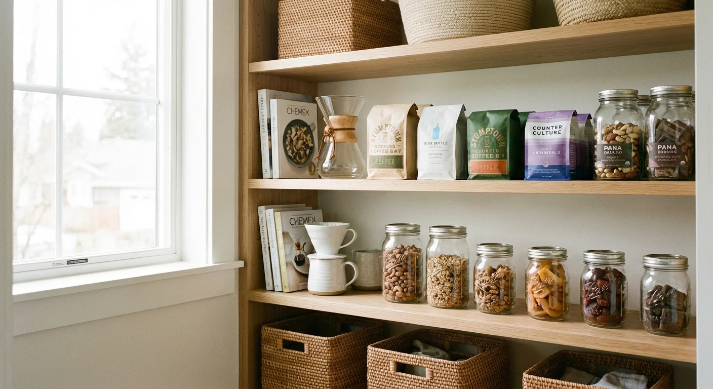 An organized kitchen pantry with coffee and healthy snacks.