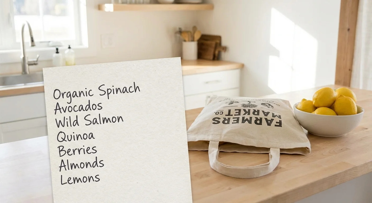 An organized shopping list on a counter, representing a planned shopping trip.