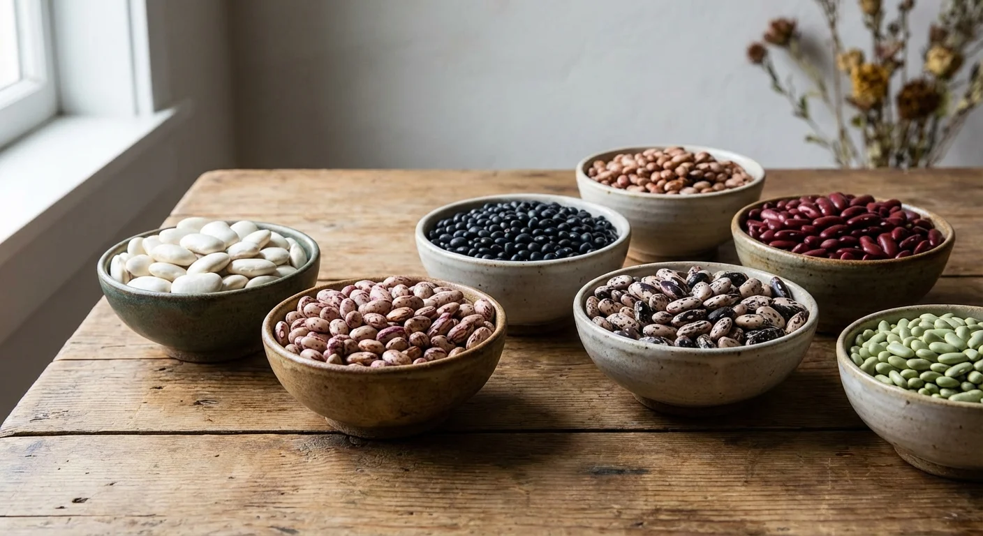 Assorted dried beans in small ceramic bowls.