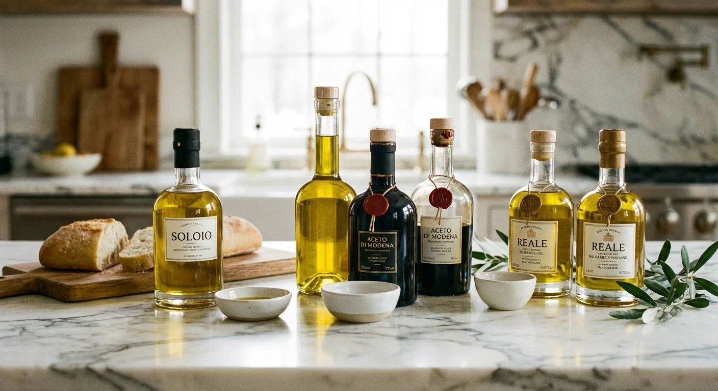 Bottles of olive oil and vinegar on a marble counter.