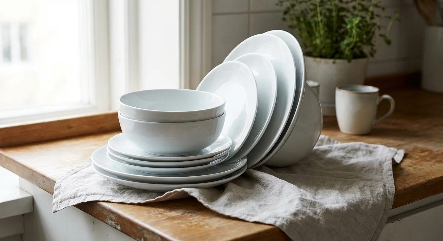 Clean dishes air-drying on a linen towel.