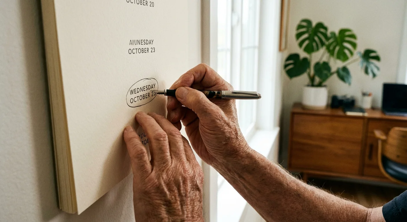 Close-up of a hand circling a date on a paper calendar with a pen.