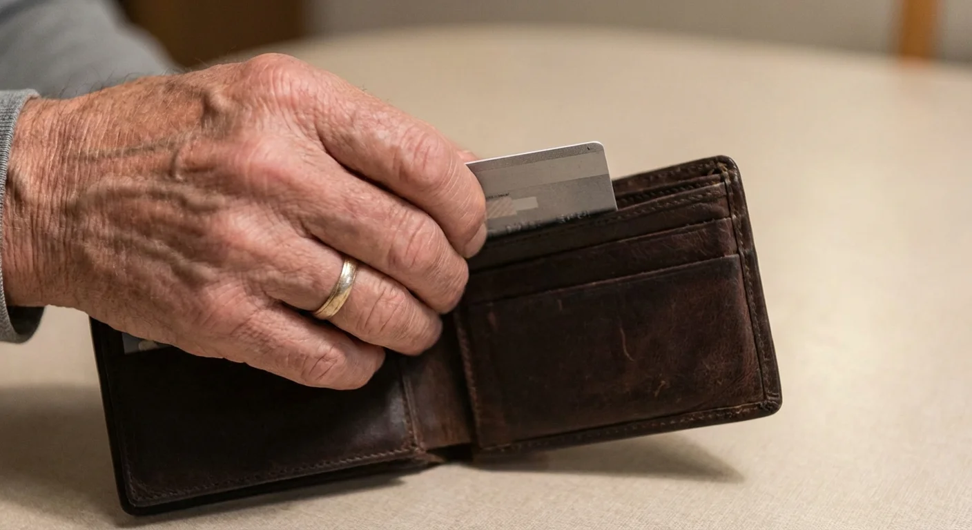 Close-up of a hand putting a credit card away in a wallet.