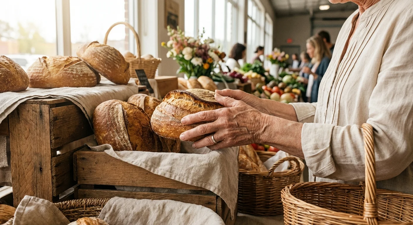 Close-up of a person mindfully choosing fresh bread at a local market.