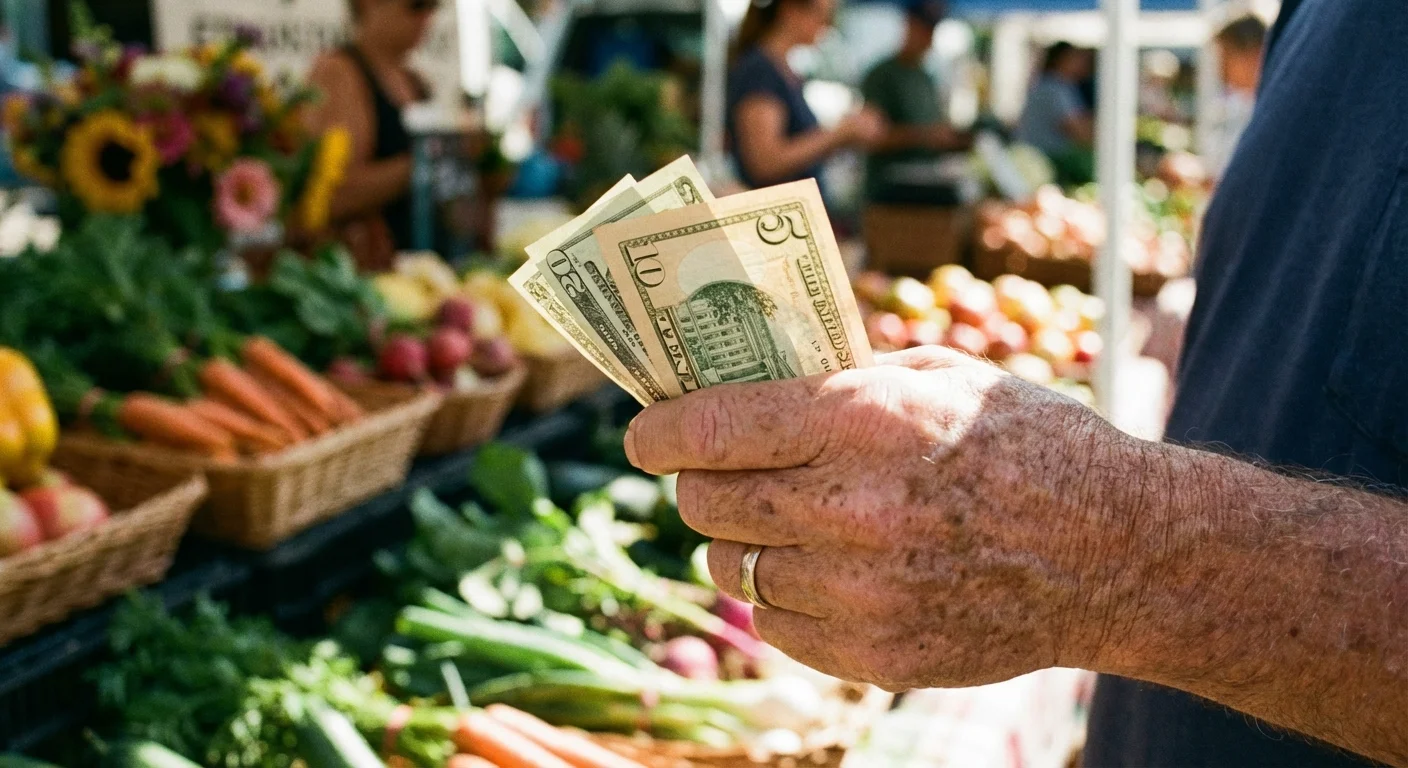 Close-up of a person's hand holding cash at an outdoor market.
