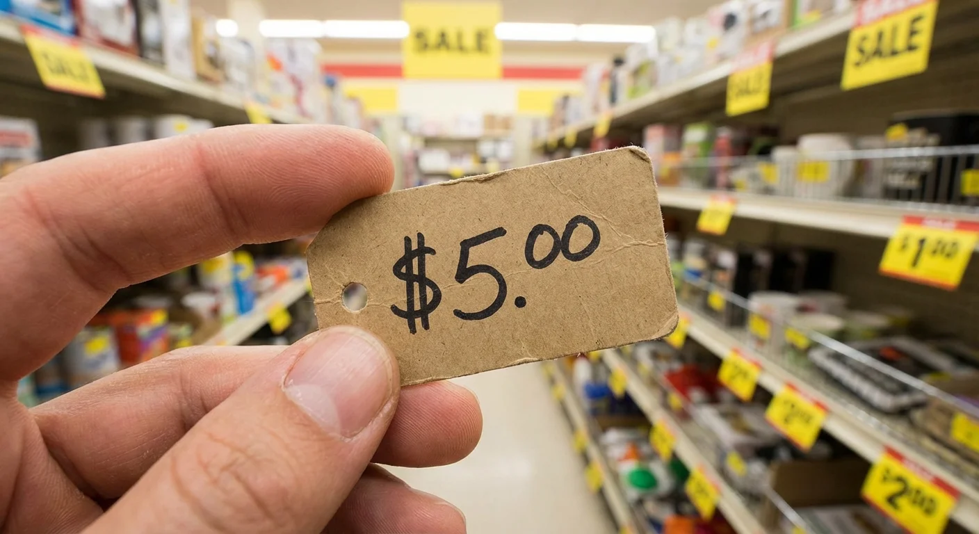 Close-up of a price tag showing five dollars in a discount shop.