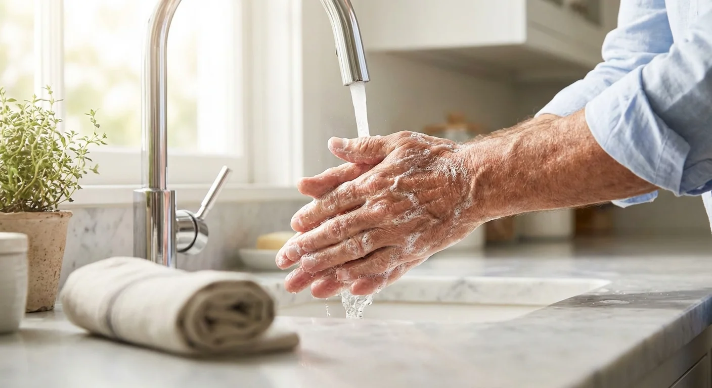 Close-up of a senior person washing their hands thoroughly with soap in a clean bathroom.