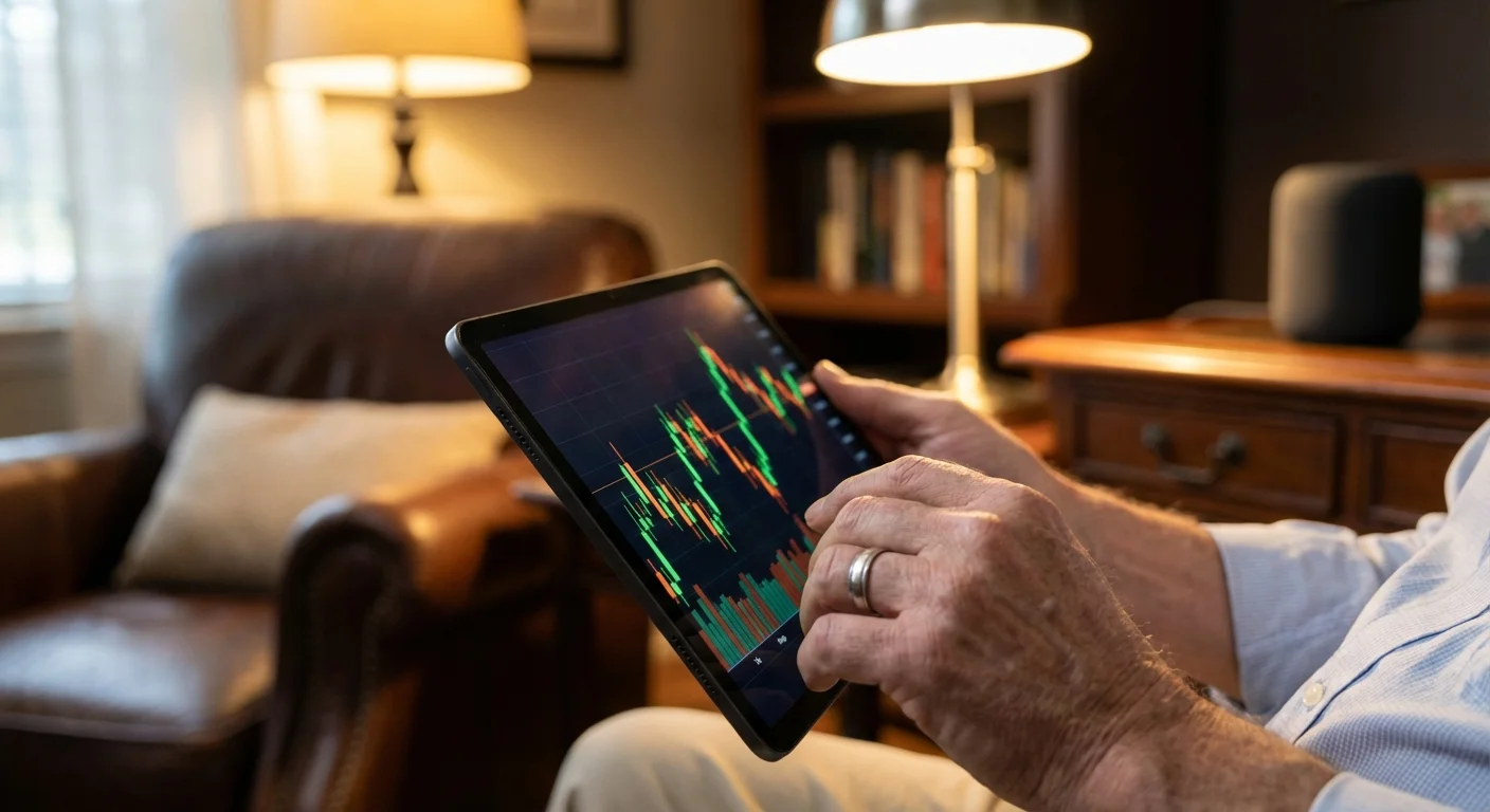Close-up of a senior person's hands holding a tablet showing financial charts.
