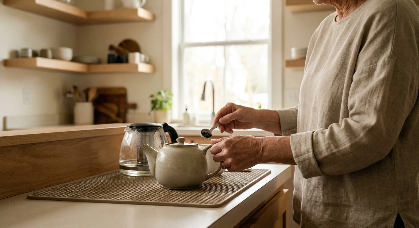 Close-up of a senior person's hands safely preparing tea on a non-slip surface in a bright kitchen.