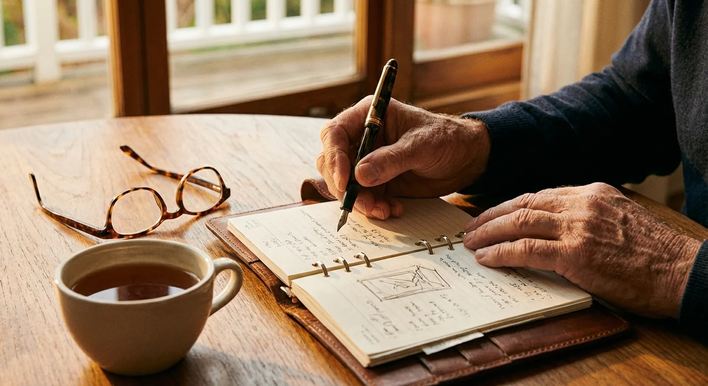 Close-up of a senior person's hands writing in a planner on a sunlit desk with reading glasses nearby.