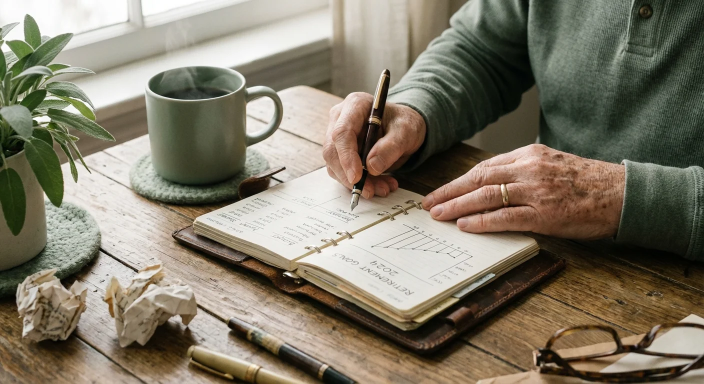 Close-up of a senior person's hands writing notes in a planner next to a cup of coffee.