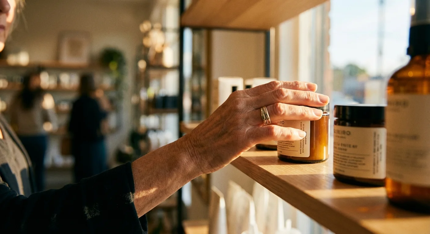 Close-up of a senior shopper's hand selecting an item from a store shelf.
