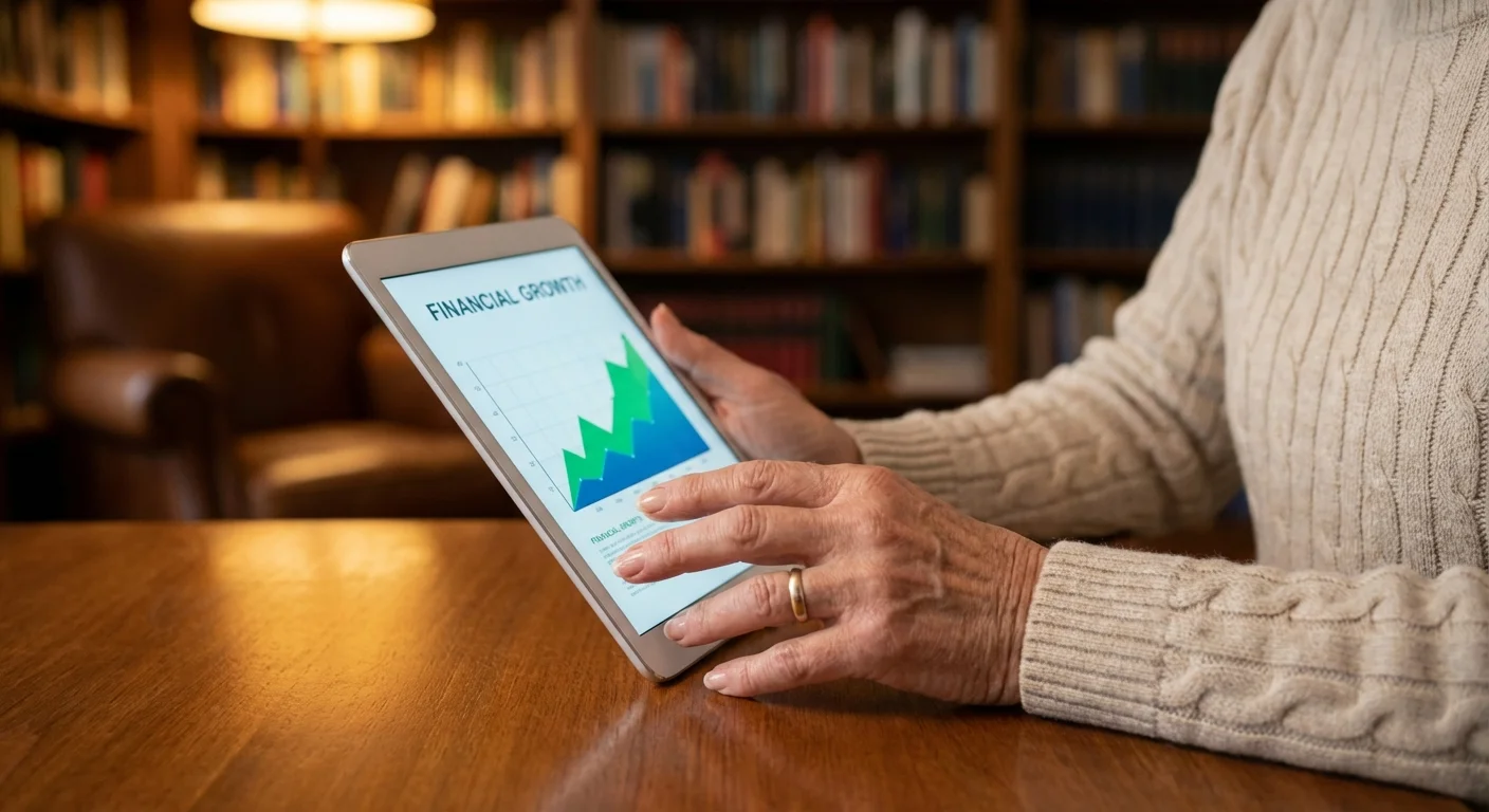 Close-up of a senior using a tablet to monitor business financial charts.
