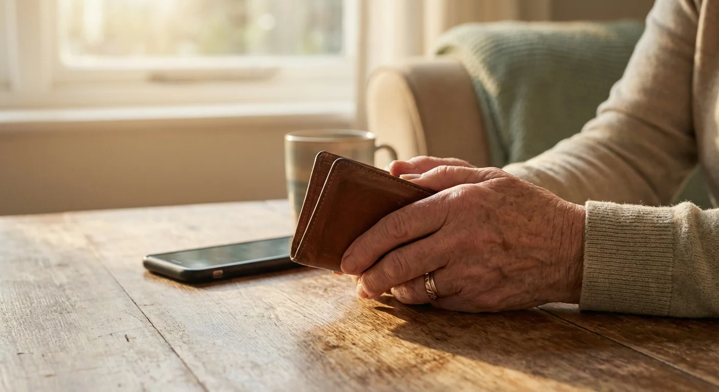 Close-up of a senior woman's hands holding a wallet securely in a bright, peaceful kitchen.