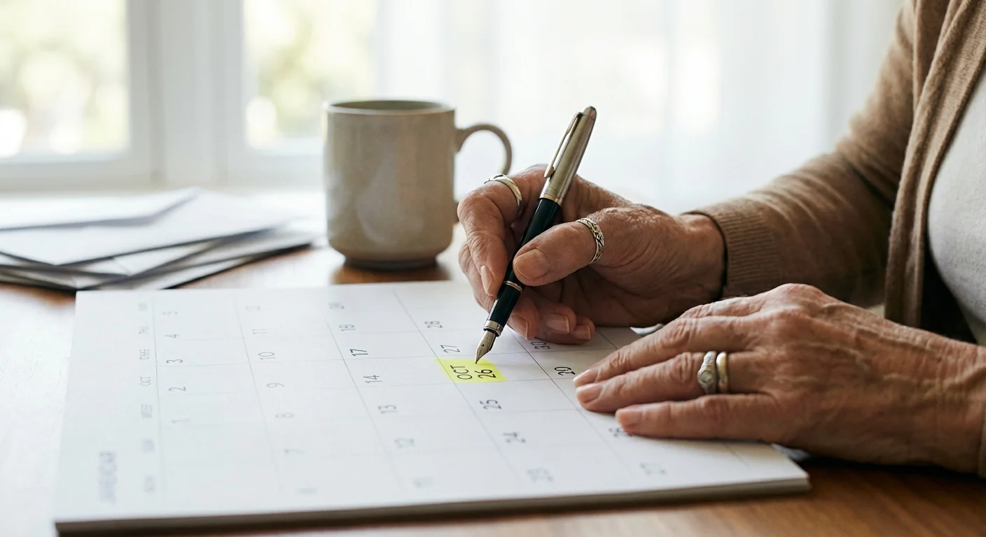 Close-up of a senior woman's hands marking a date on a desk calendar with tax documents nearby.