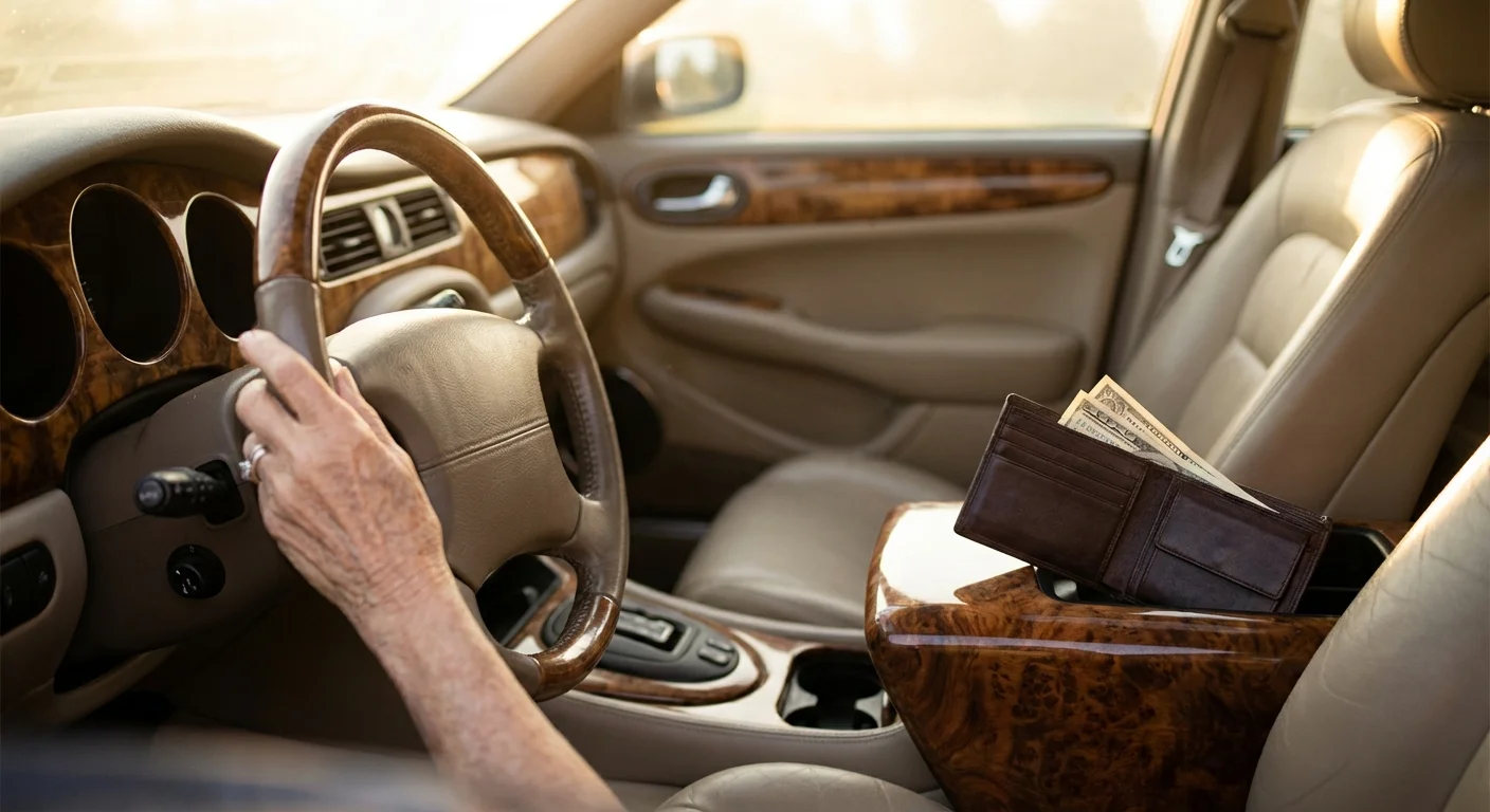 Close-up of a senior woman's hands on a steering wheel with a wallet nearby in the center console.