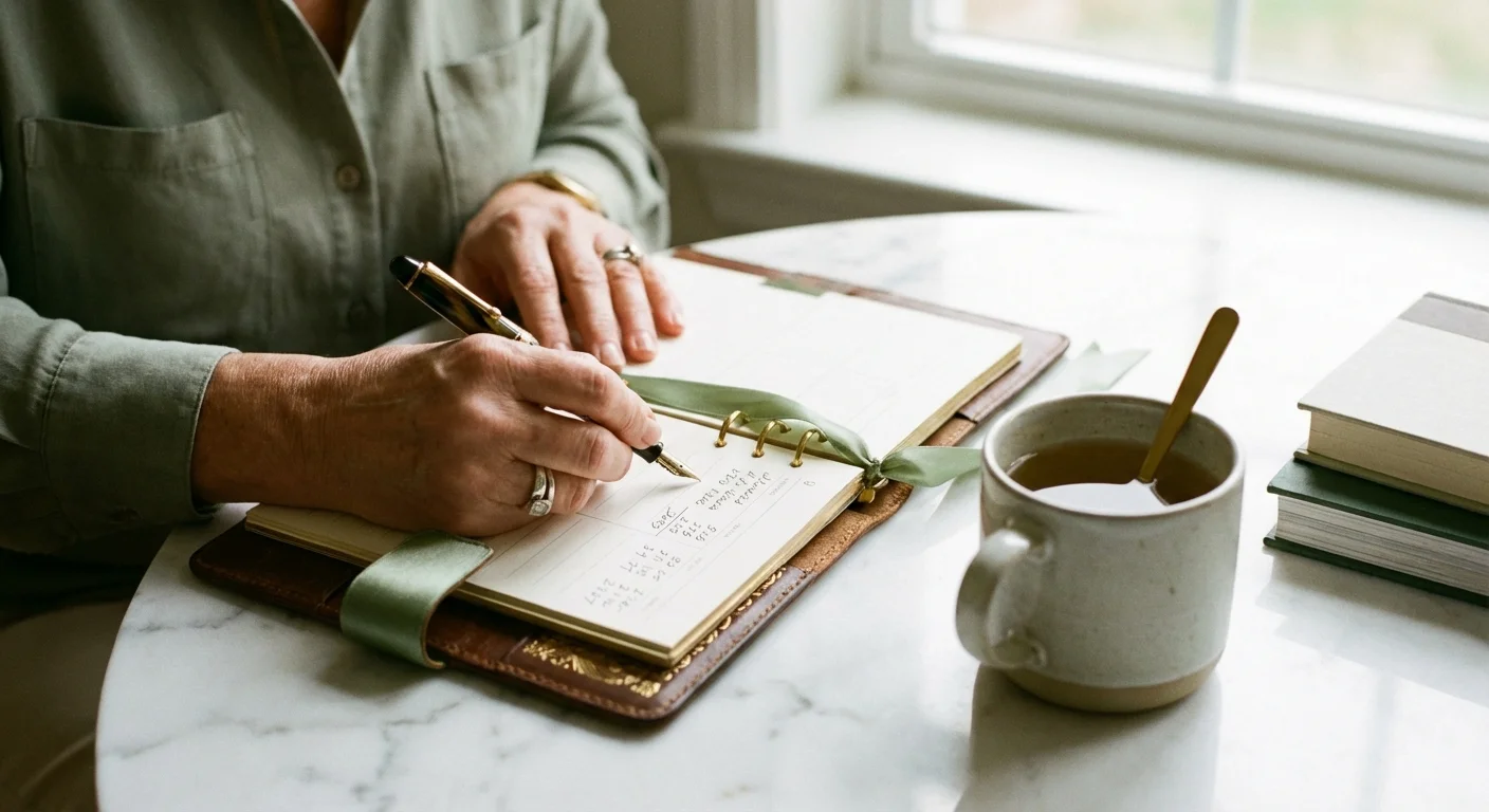 Close-up of a senior woman's hands writing in a financial planner on a marble table with tea.
