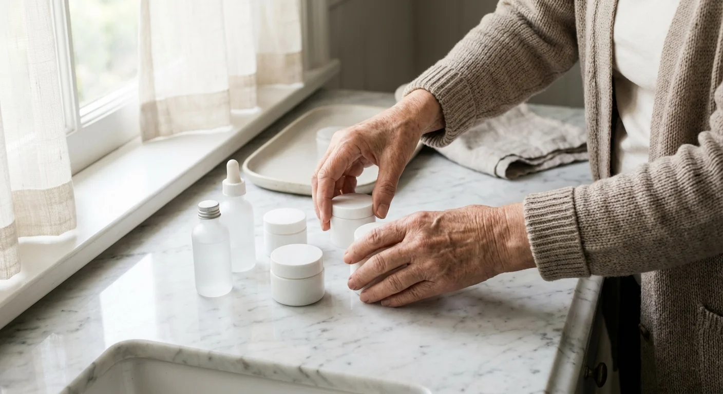 Close-up of a senior's hands organizing generic medication bottles on a counter.