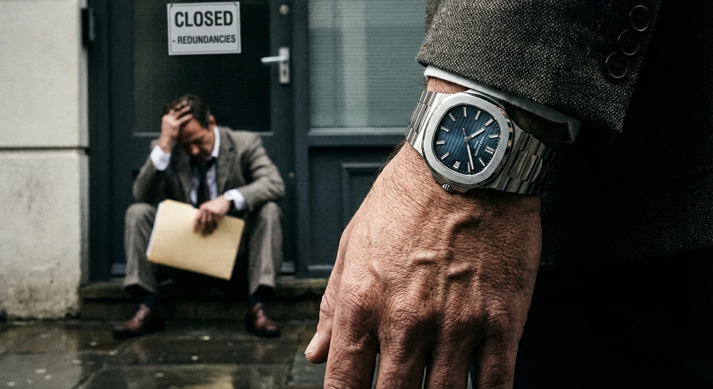 Close-up of a watch with a blurred image of an employee waiting outside a closed office door.