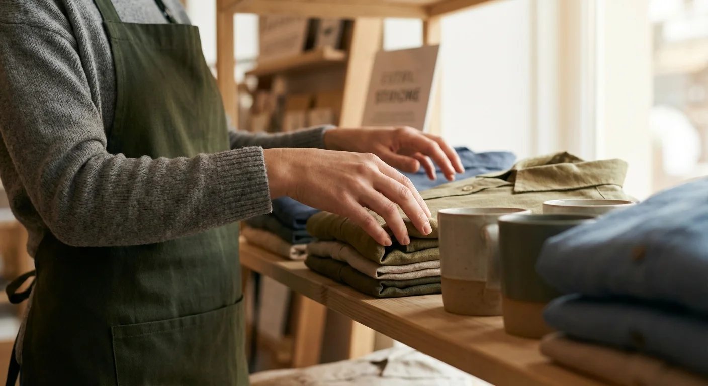 Close-up of an employee's hands stocking a shelf.