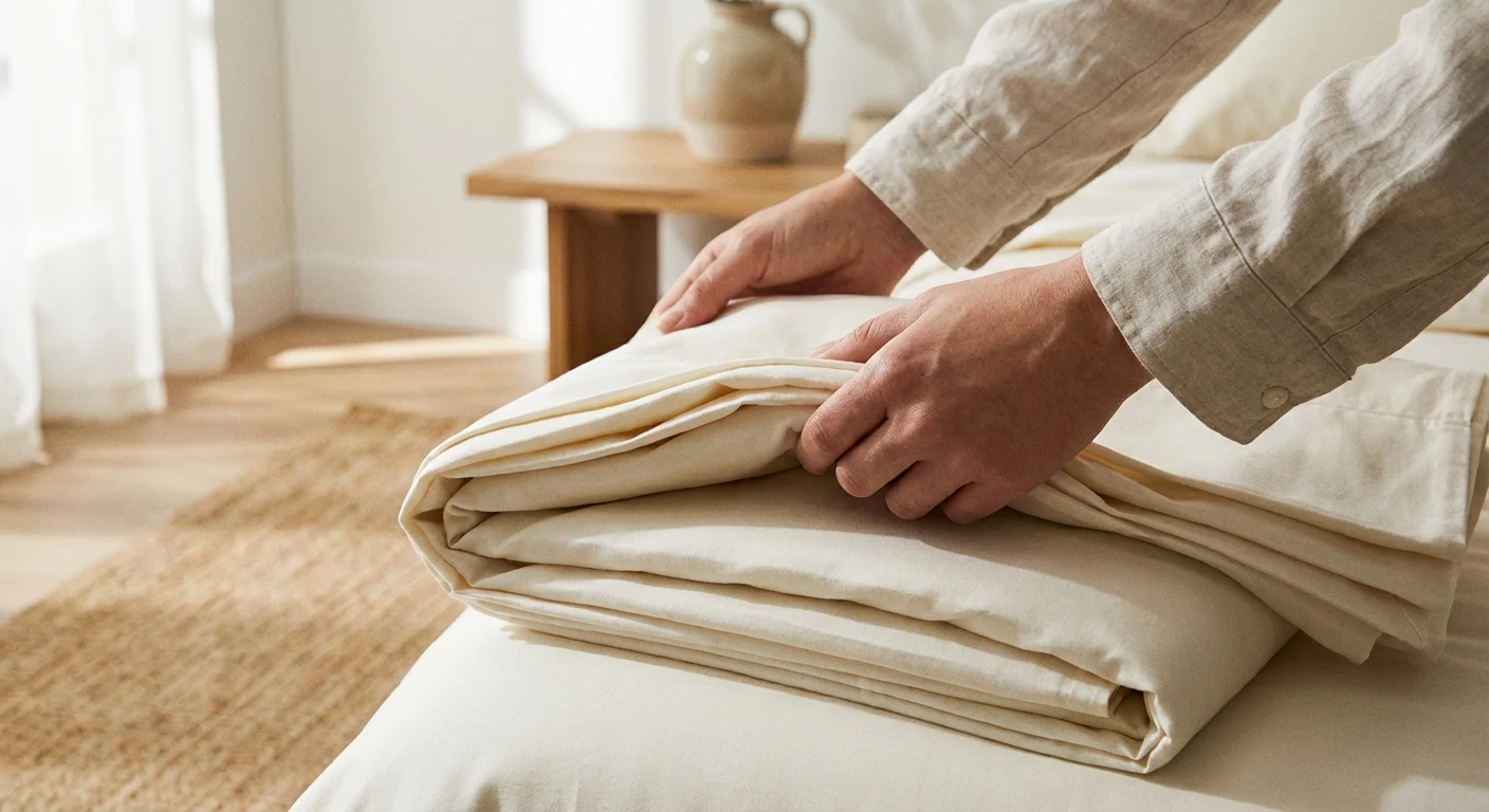 Close-up of clean white cotton sheets being folded.