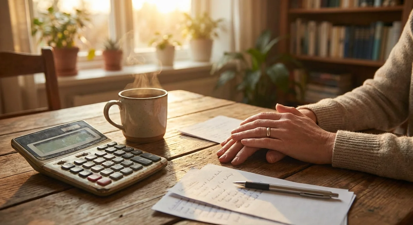 Close-up of hands and a calculator on a wooden table, suggesting careful financial planning.