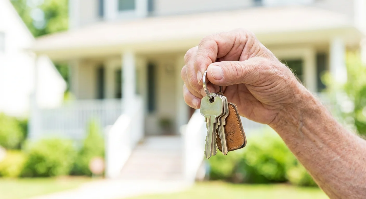 Close-up of hands holding house keys with a blurred home in the background.