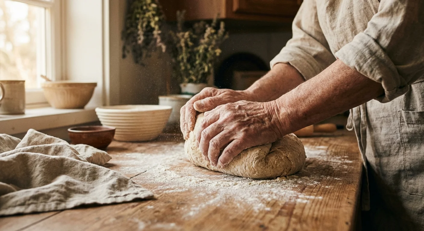 Close-up of hands kneading bread dough on a wooden table.